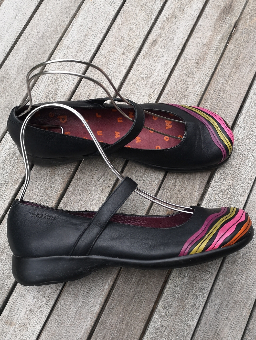 Wonders black leather Mary Janes with multi-coloured toe